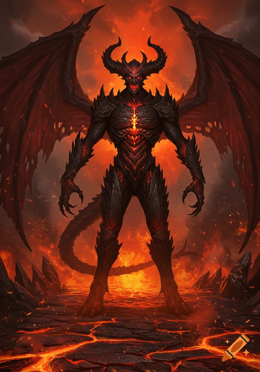A detailed dark winged demon with horns and glowing red eyes stands on cracked fiery ground under an orange sky, fantasy art.