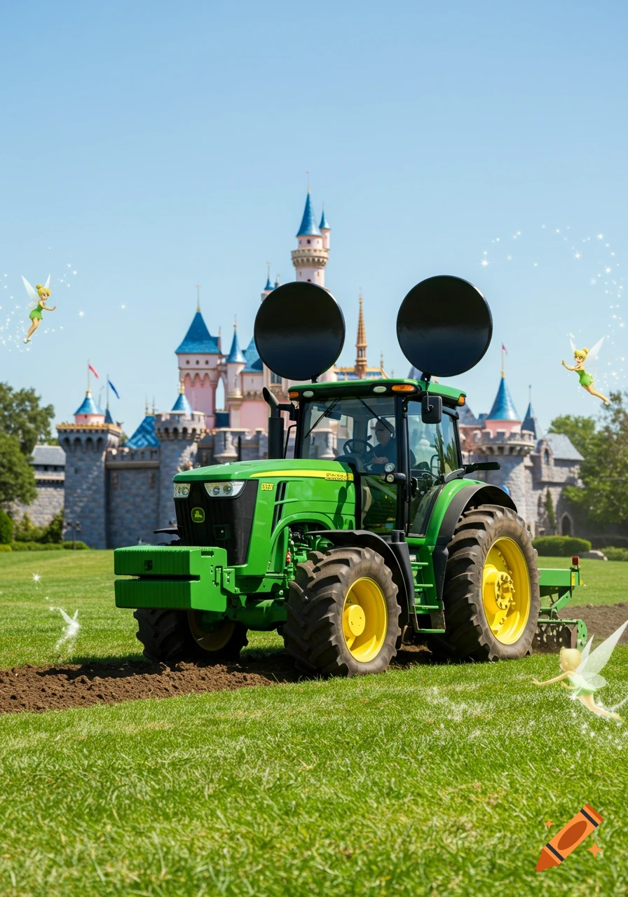 A green John Deere tractor with Mickey Mouse ears plows a grassy field in front of a Disney castle, with Tinkerbells flying.