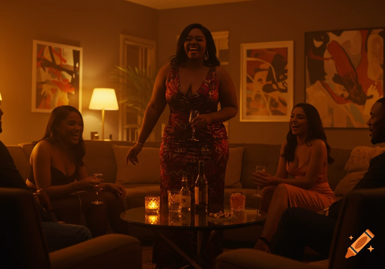 A confident woman in a low-cut dress laughs with friends in a dimly lit, cozy living room with drinks and modern decor, cinematic style.