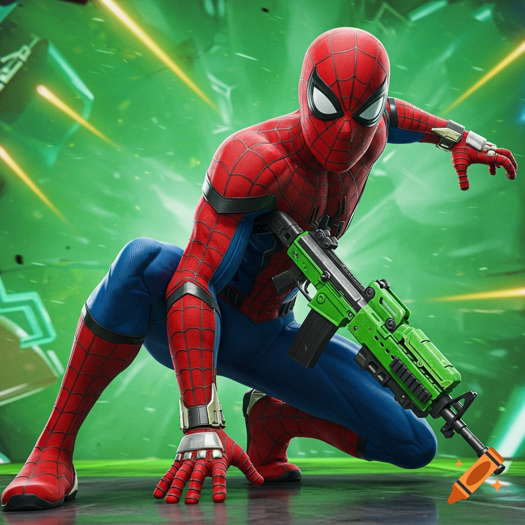 Spider-Man crouches in a red and blue suit, holding a bright green assault rifle against an energetic green background.