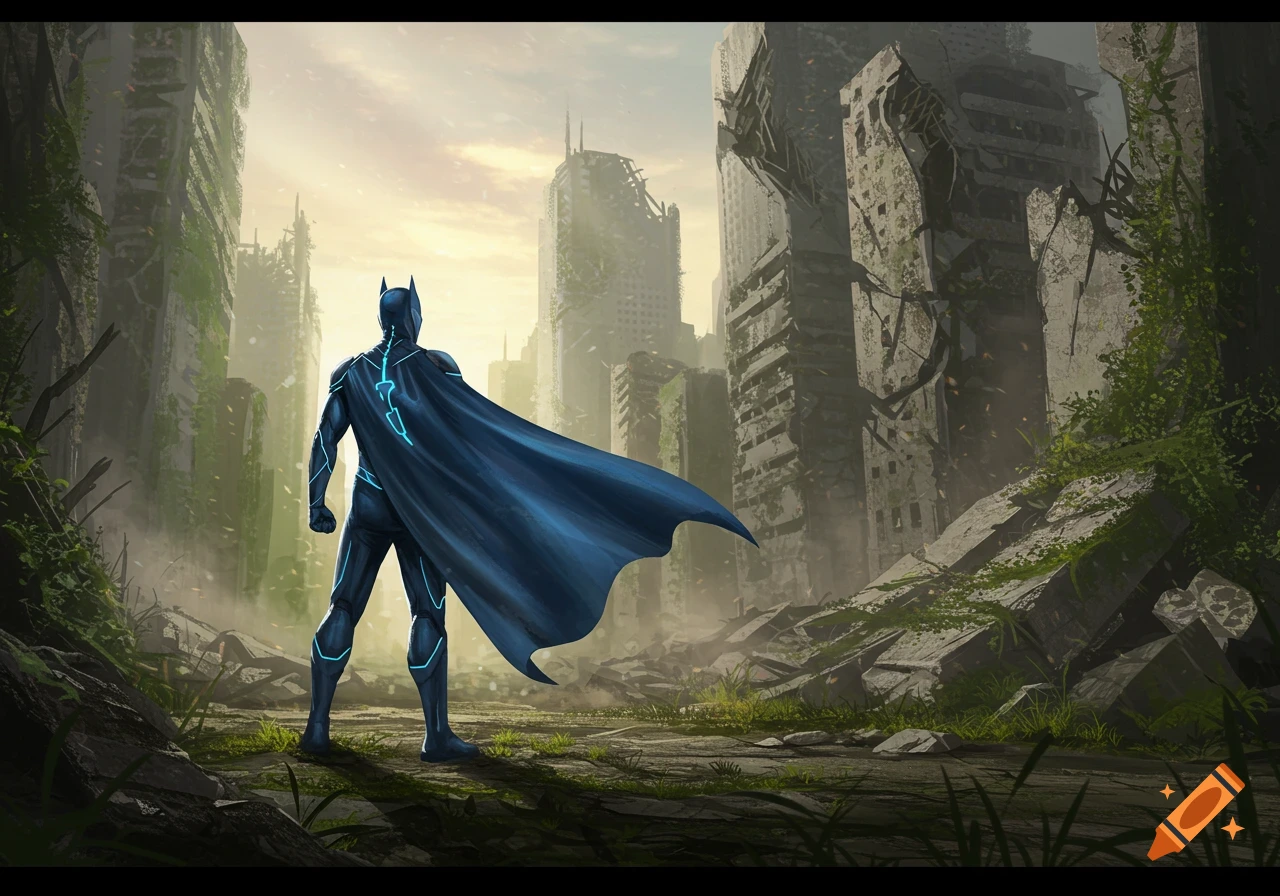 A superhero in a blue suit with glowing accents stands looking over a ruined, overgrown city at sunset.