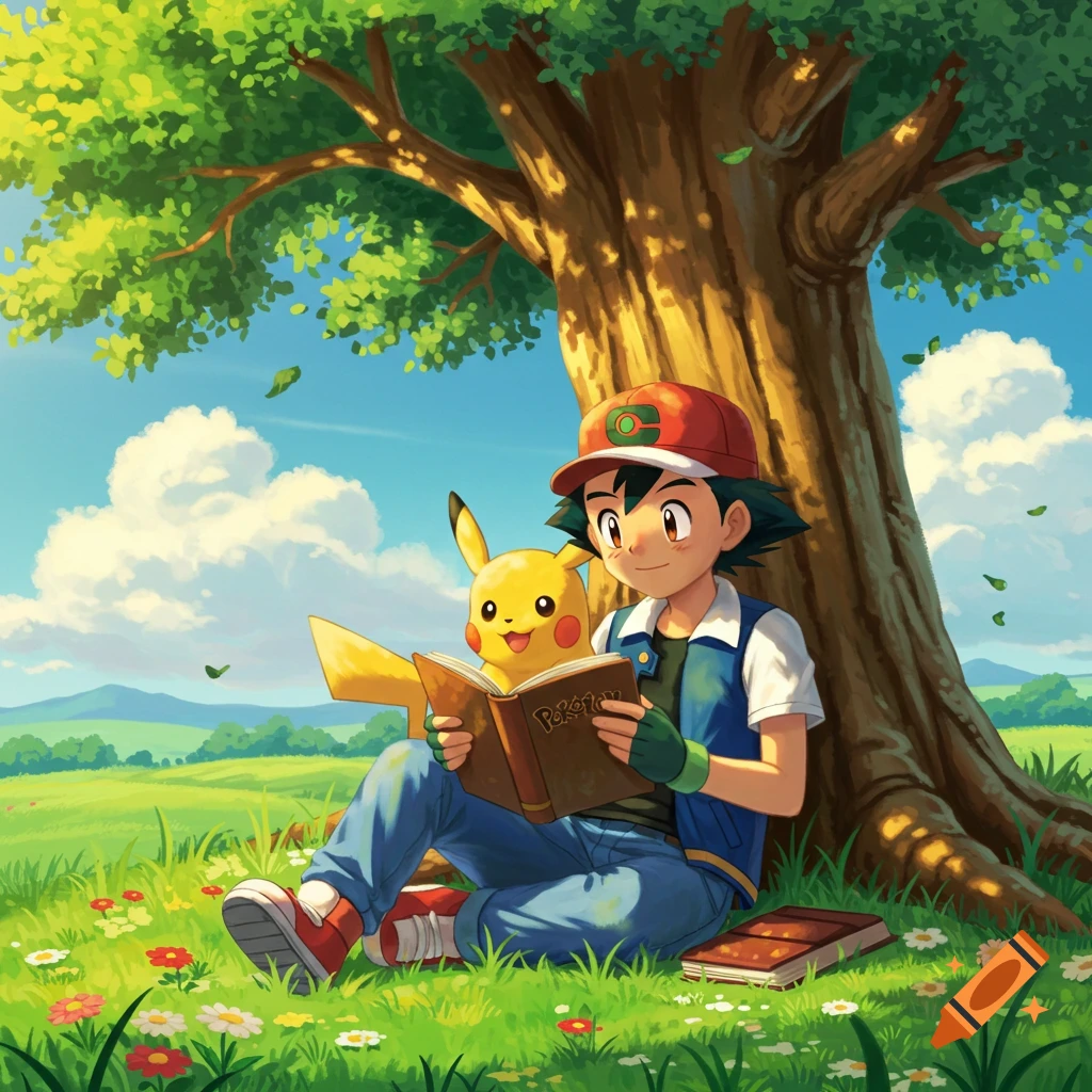 Ash and Pikachu read under a large tree in a sunny, green field filled with flowers, depicted in an anime style.