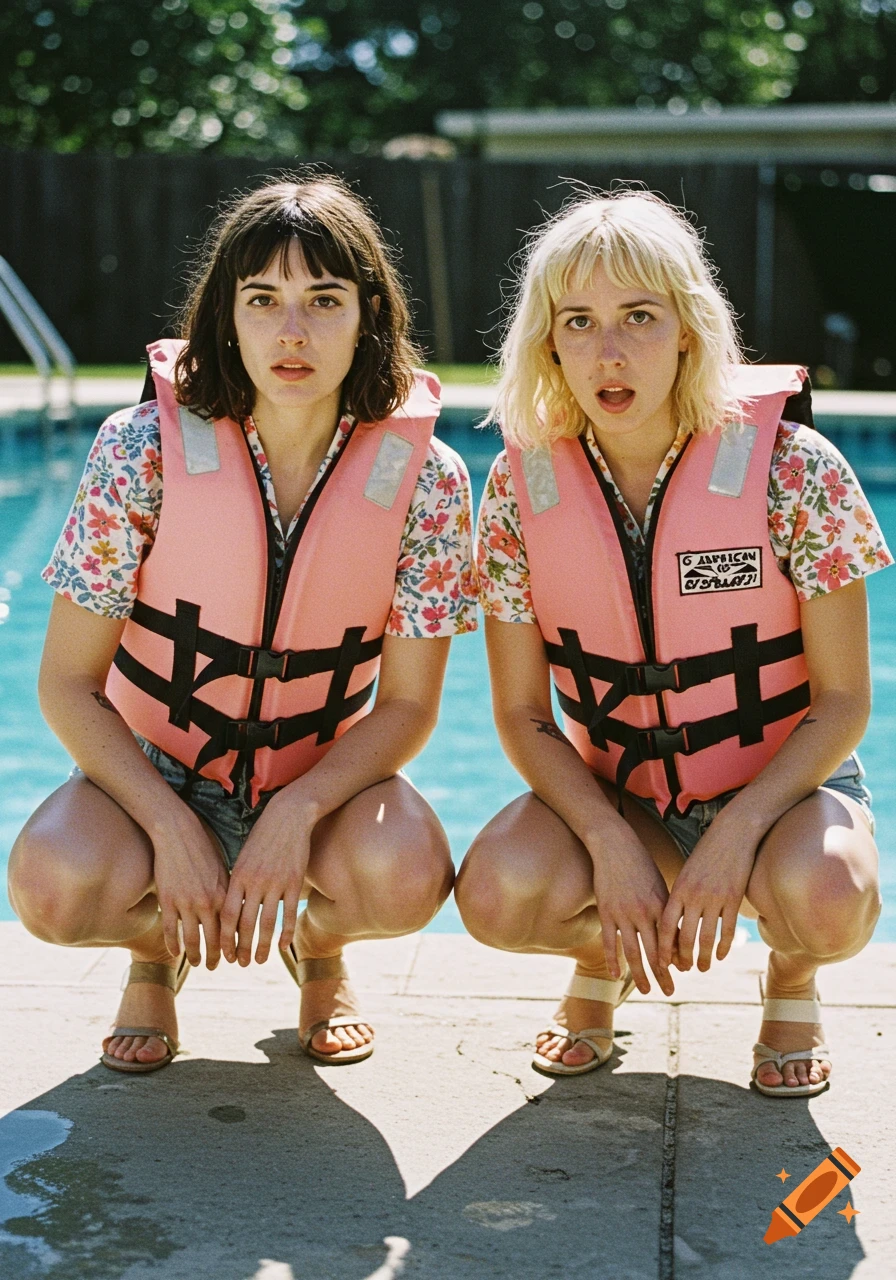 Two pale, dark-haired and blonde women with bangs, wearing floral shirts and pink life jackets, squat by a swimming pool with nervous expressions.