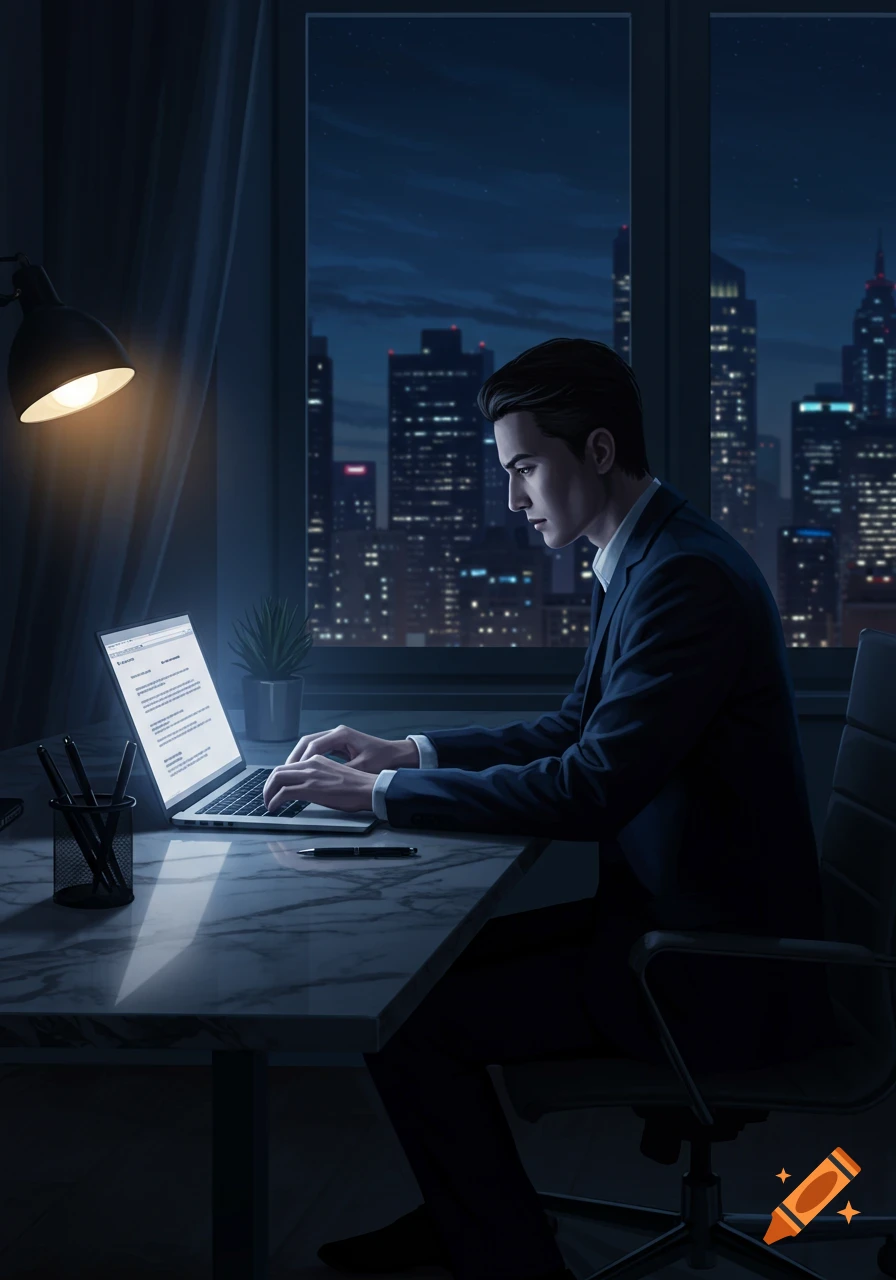 A man in a suit works on a laptop at a desk in a dark office, overlooking a lit-up cityscape at night. Digital art.