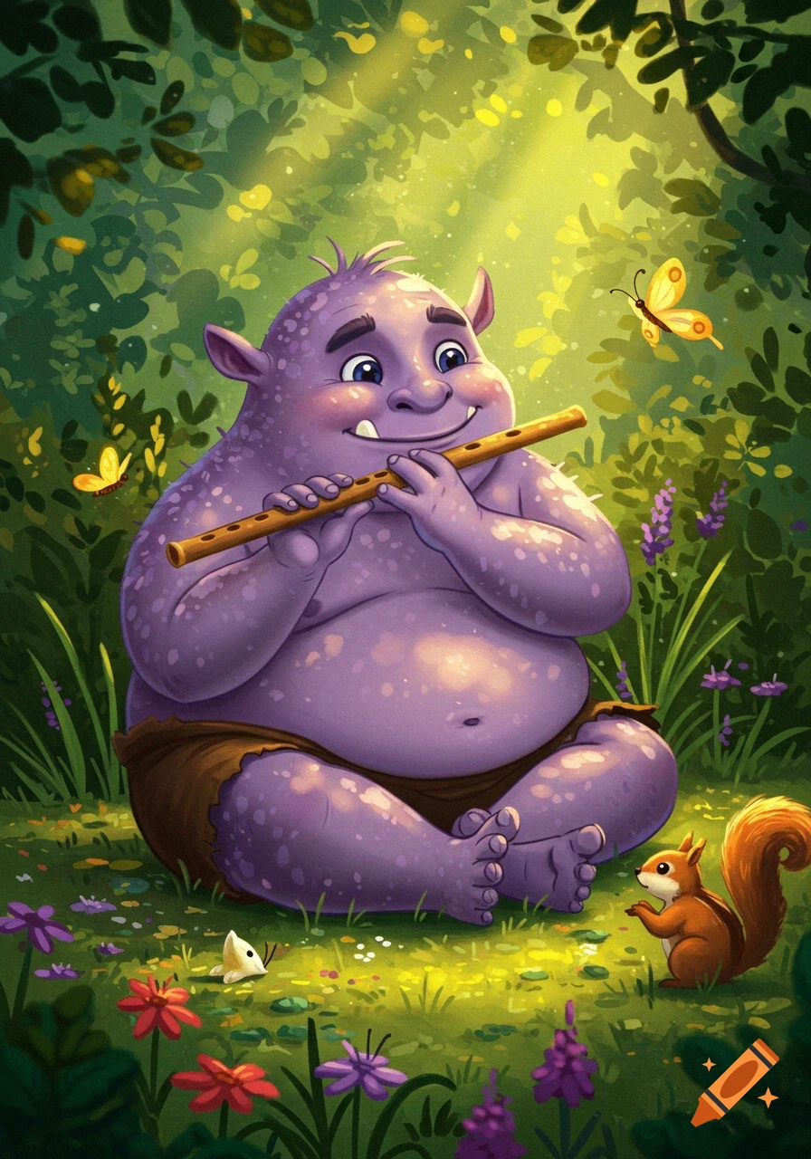 A cute purple ogre sits cross-legged playing a flute in a sunlit forest, watched by a squirrel and butterflies. Illustration.