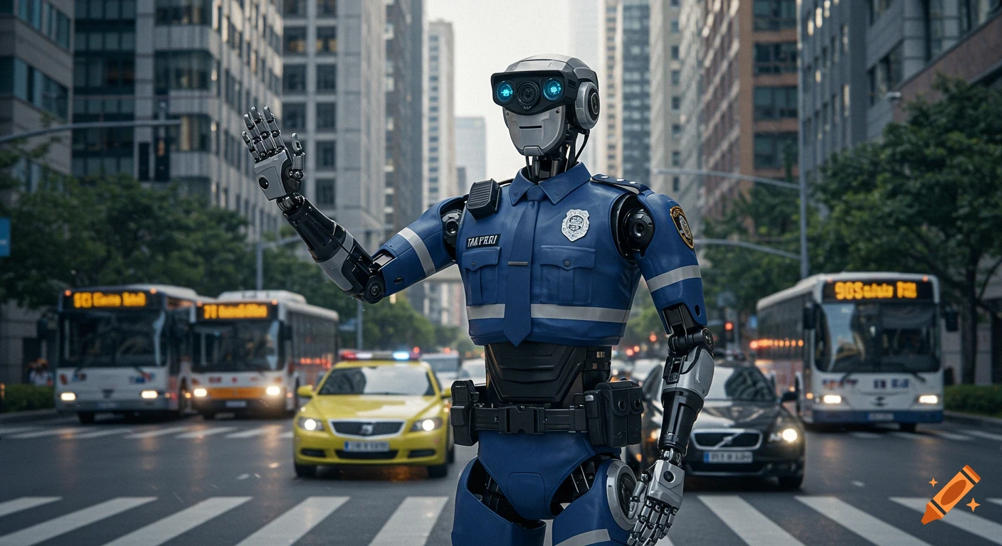 A photorealistic robot police officer in a blue uniform directs traffic on a busy city street filled with cars and buses.