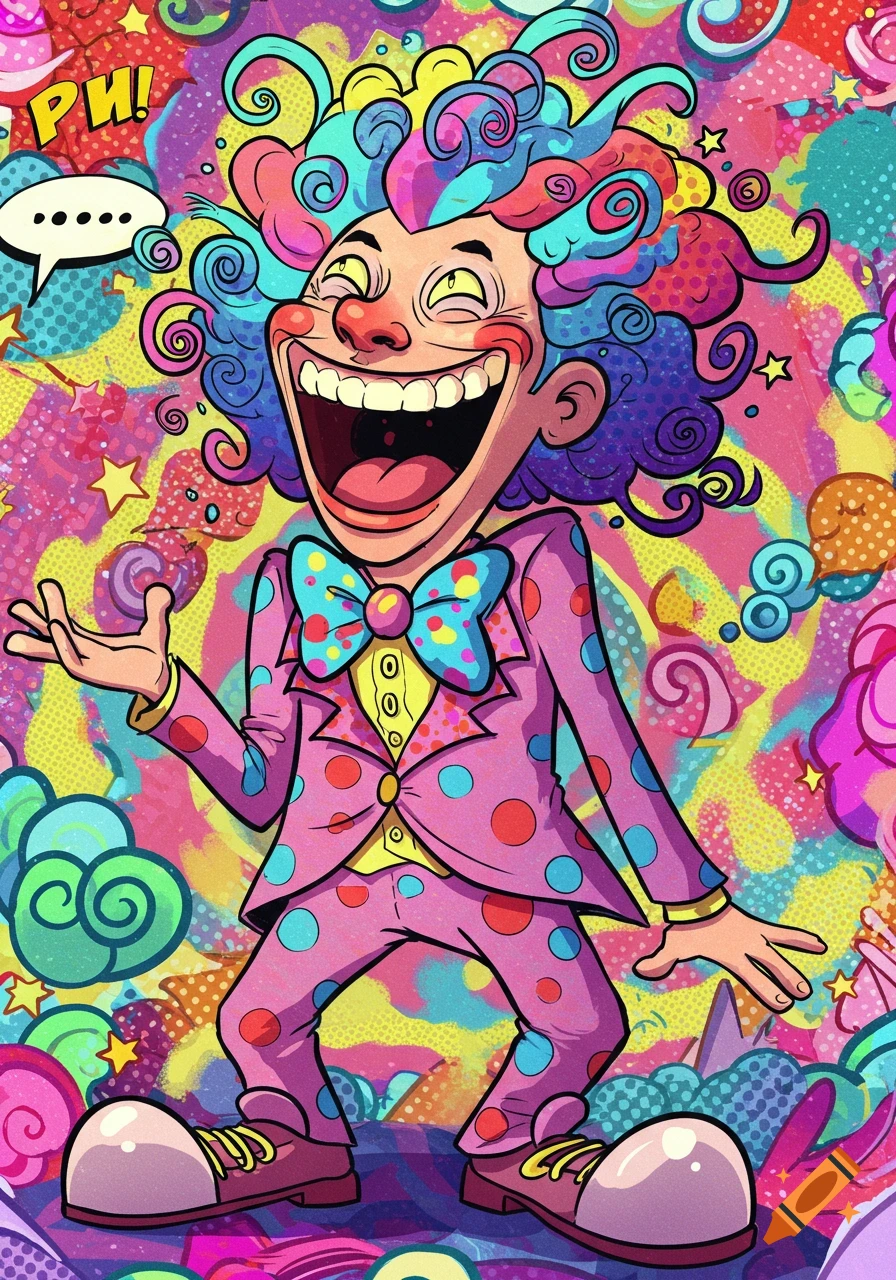 A vibrant, cartoonish clown with colorful curly hair and a polka-dotted suit laughs heartily against a chaotic, psychedelic background.