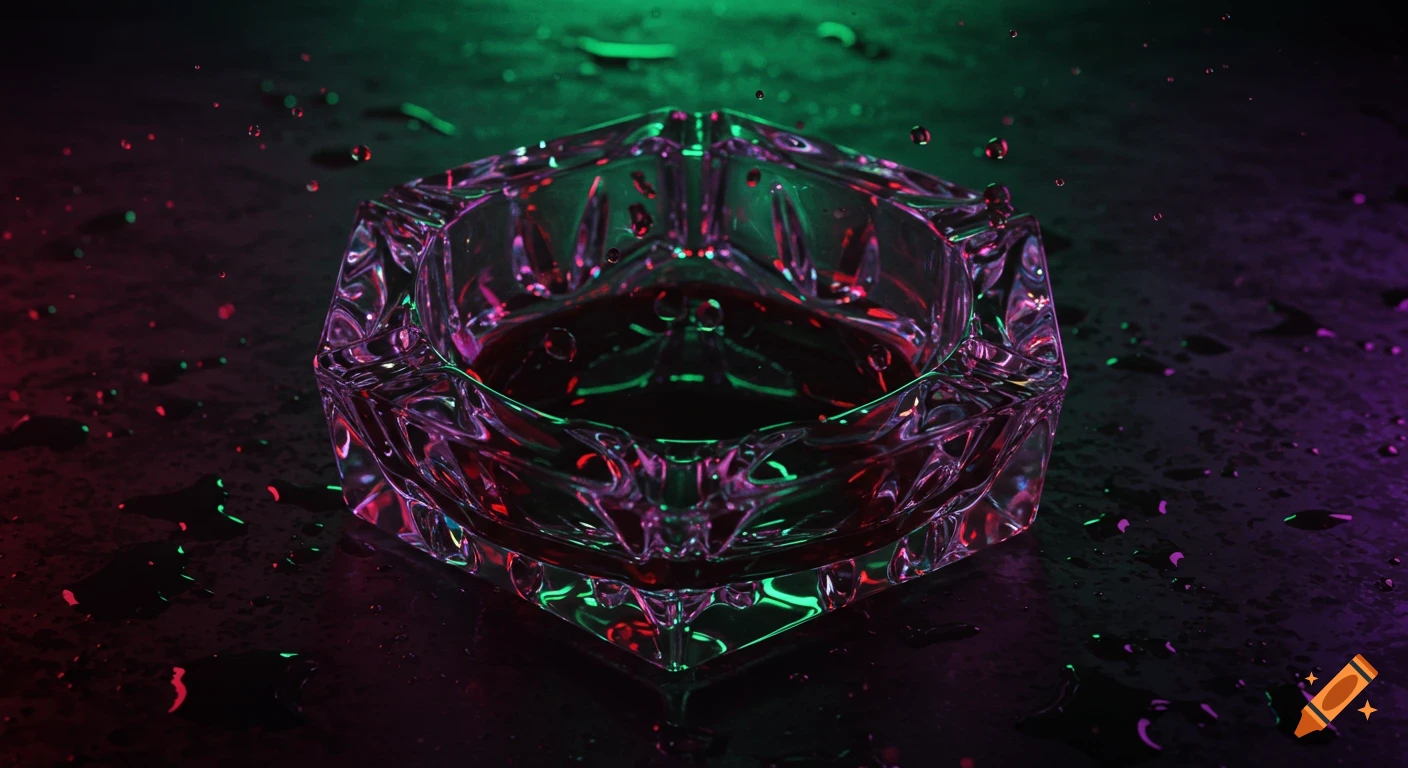 Top-down view of a crystal ashtray with red liquid and water drops on a wet, dark surface, illuminated by neon green and purple lights.