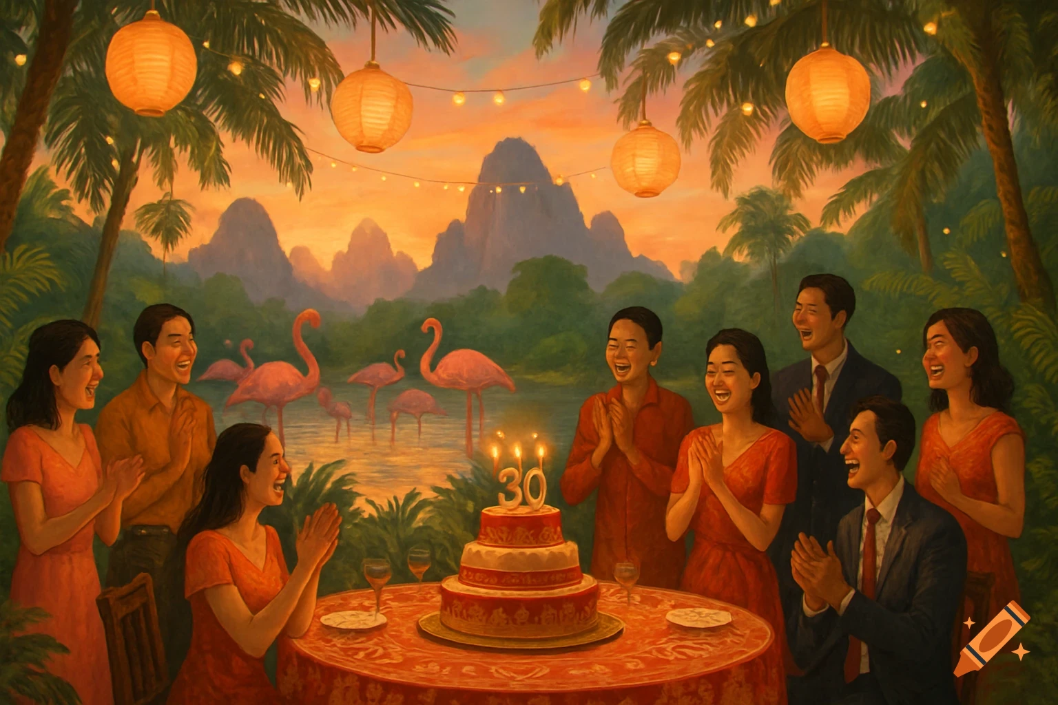 A vibrant painting of people celebrating a 30th birthday with a cake, palm trees, flamingos, and mountains at sunset.