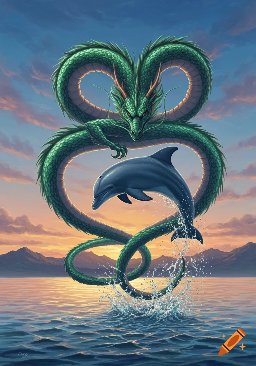 A vibrant green dragon forms a heart shape around a breaching dolphin in a calm ocean at sunset, in an illustrative style.