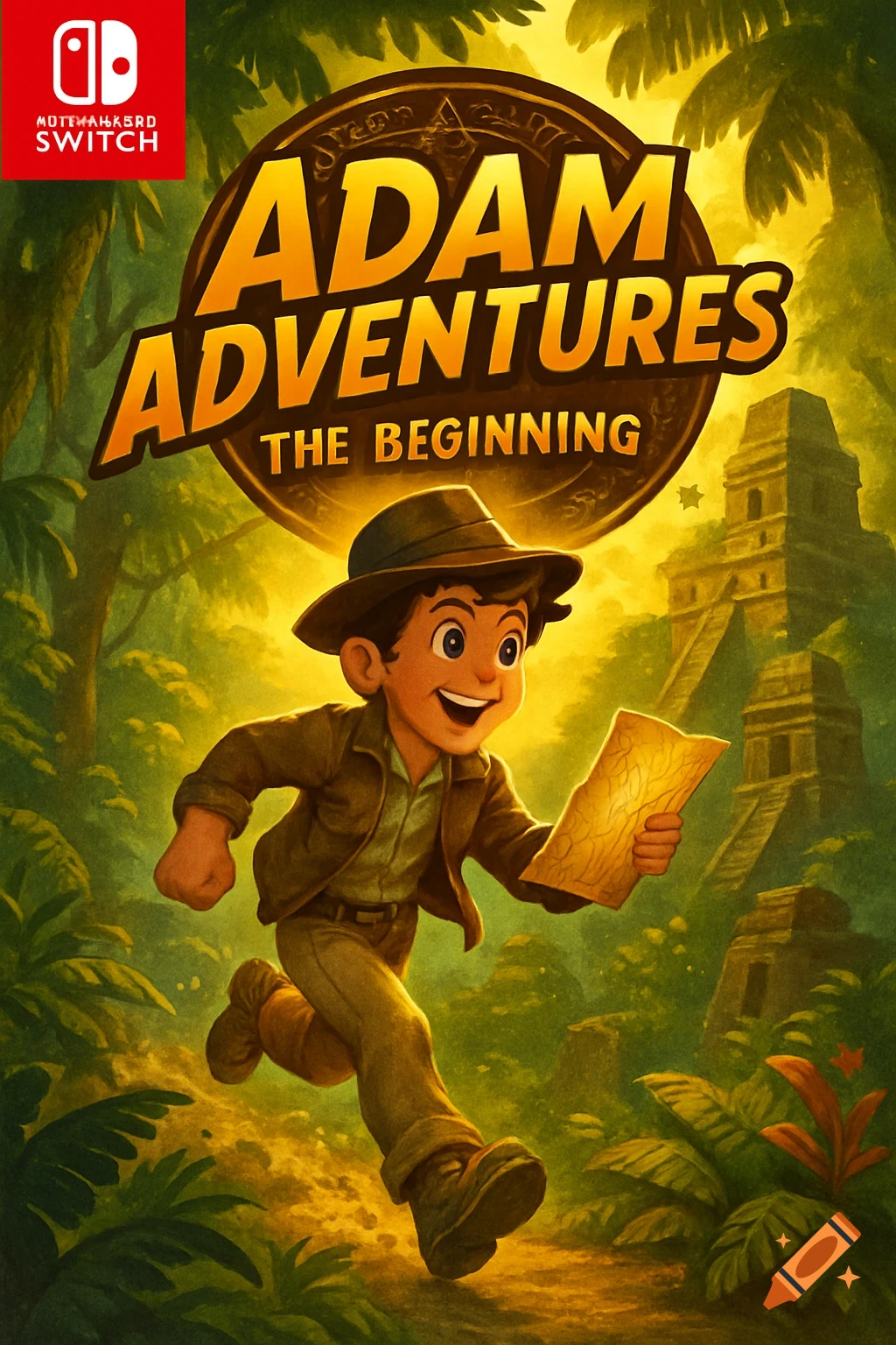 Cartoon game cover for "Adam Adventures: The Beginning" showing a boy explorer running through a jungle with ancient ruins.