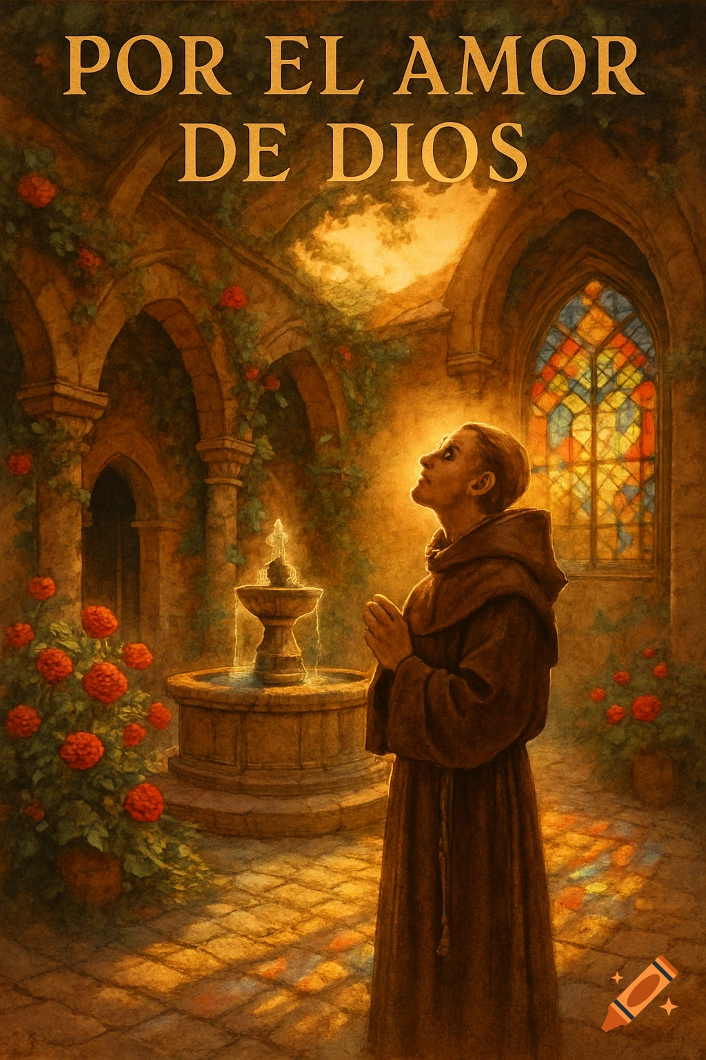 A monk in a brown habit prays in a sunlit cloister with a fountain and stained glass. Text reads "POR EL AMOR DE DIOS".