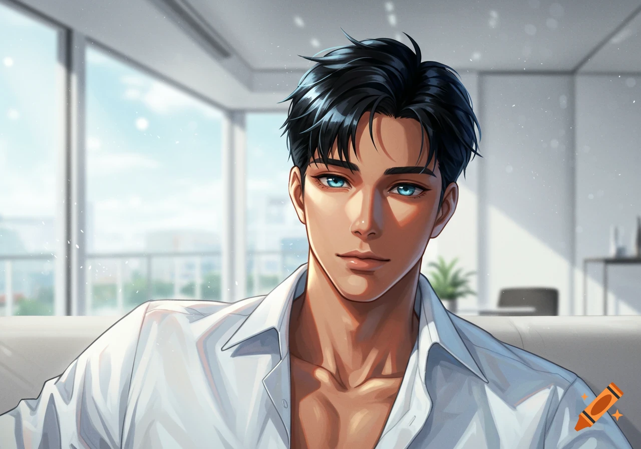 Anime-style portrait of a tanned man with dark hair and striking blue eyes, wearing an open white shirt, indoors.