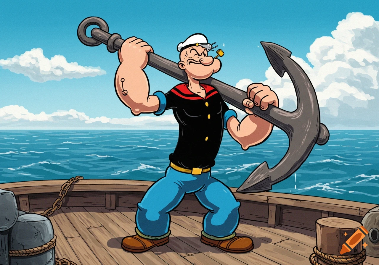 Cartoon Popeye the Sailor Man flexing with an anchor on a boat deck against a blue sky and ocean.