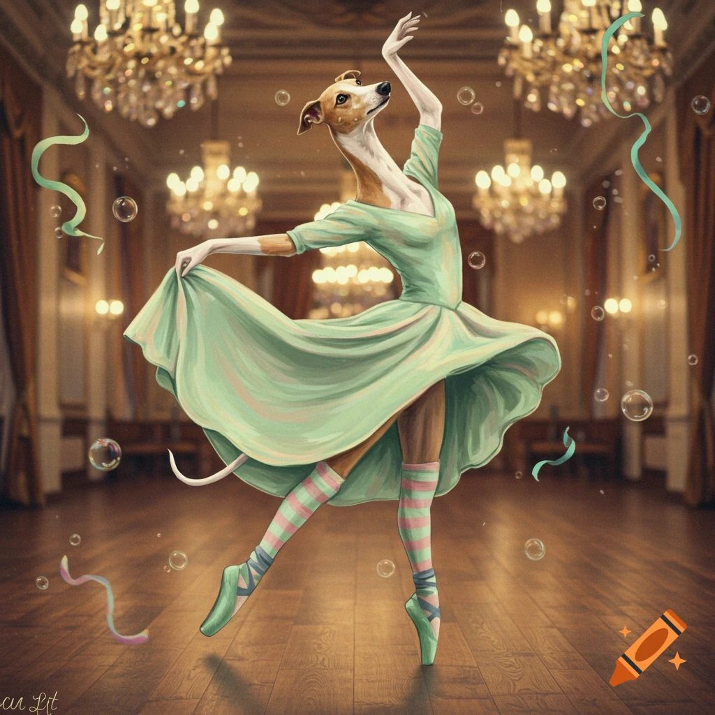 An anthropomorphic whippet in a mint green dress and striped socks dances ballet in an elegant ballroom.