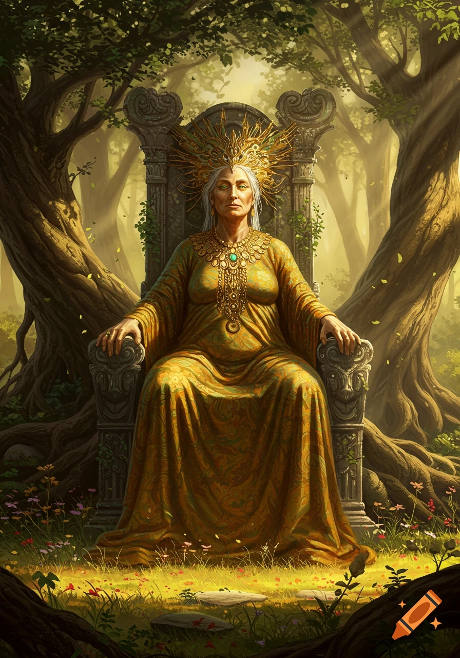 An elder woman with white hair sits on a stone throne in a sunlit forest, adorned in a golden dress and ornate crown.