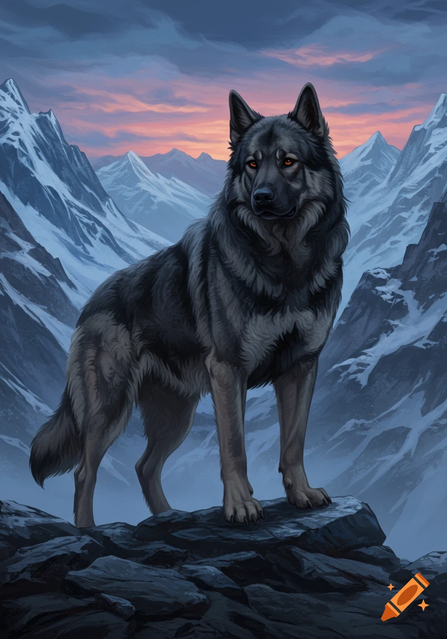 A large, dark wolf stands on a rocky mountain peak at sunset, surrounded by snowy peaks, in a realistic illustration.
