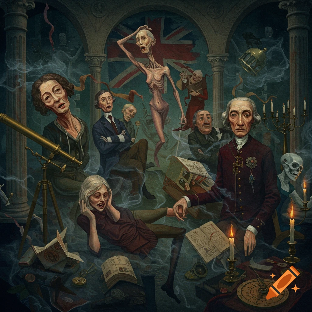Surreal oil painting of emaciated and distorted British historical figures in a dark, vaulted room with a Union Jack flag and various objects.