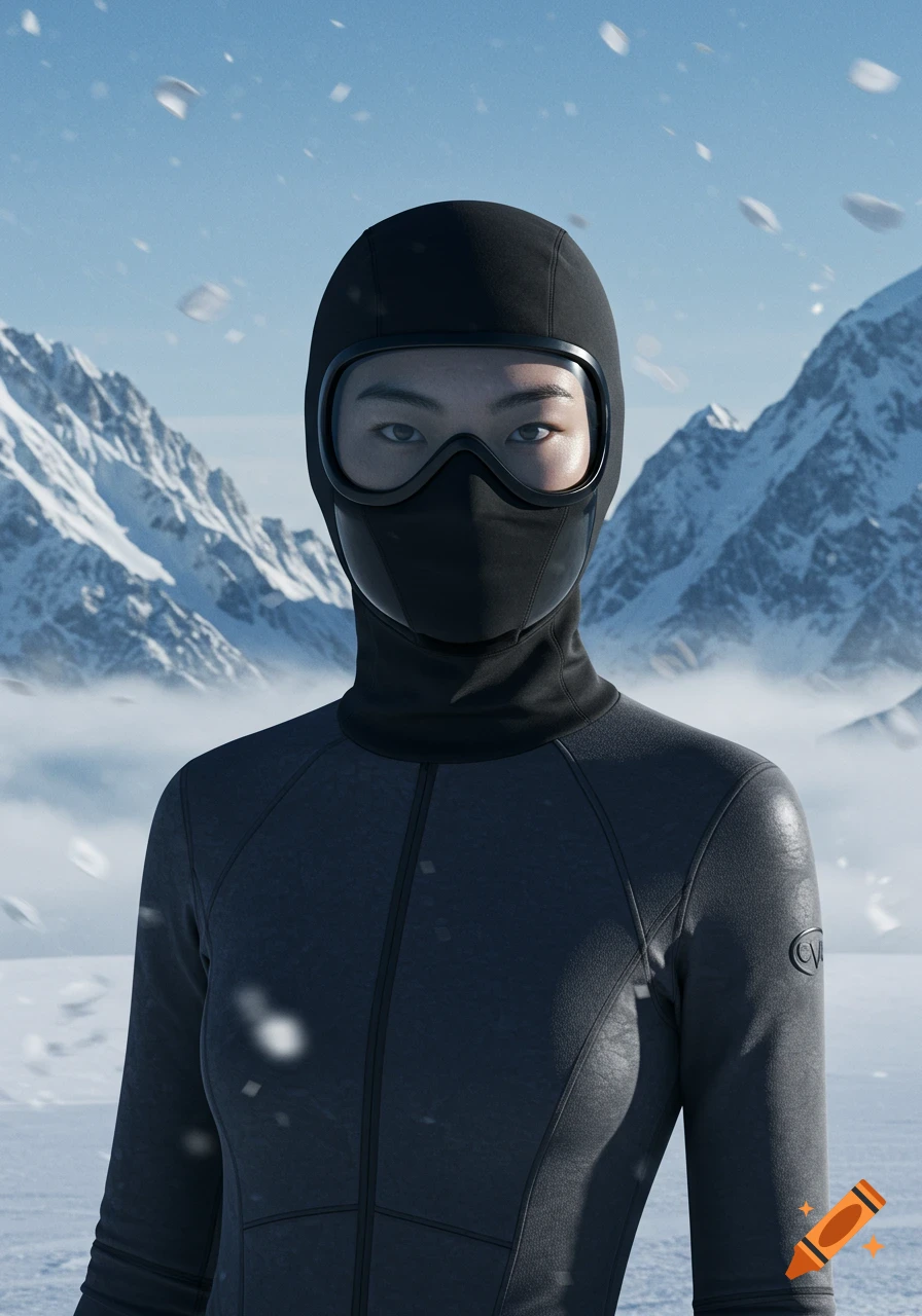 A photorealistic portrait of an Asian woman in black ski wear and goggles, against a backdrop of snowy mountains and falling snow.