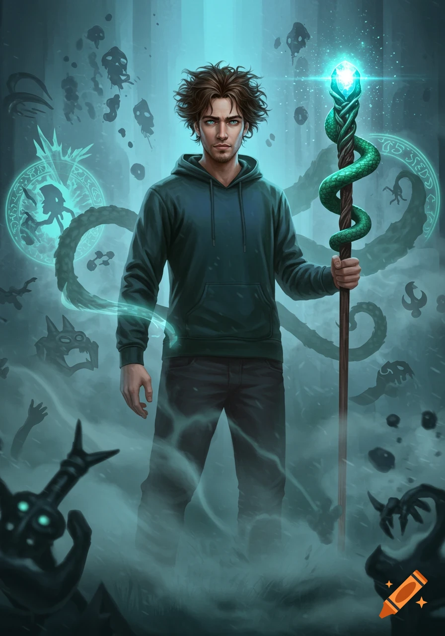 A young man with messy brown hair and blue eyes, wearing a dark hoodie, holds a glowing snake staff amidst swirling mist and shadowy monsters.