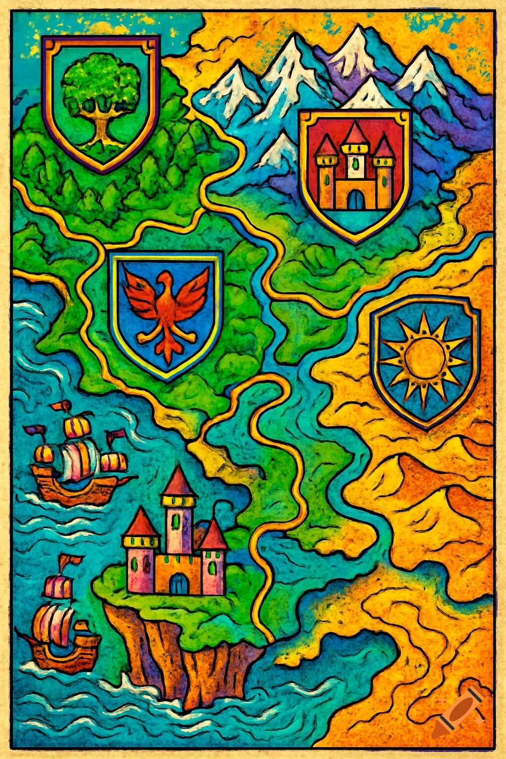 A colorful, stylized fantasy map featuring mountains, rivers, castles, ships, and heraldic shields with an tree, a castle, a phoenix, and a sun.