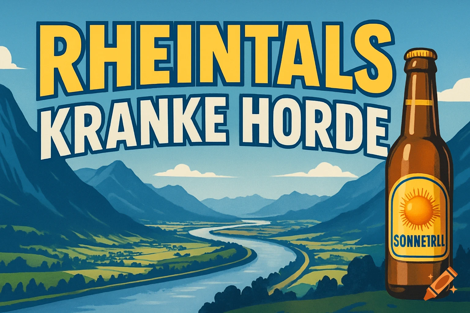 A stylized illustration of a mountain valley with a river. Large text "RHEINTALS KRANKE HORDE" is at the top, and a beer bottle with a sun logo is on the right.