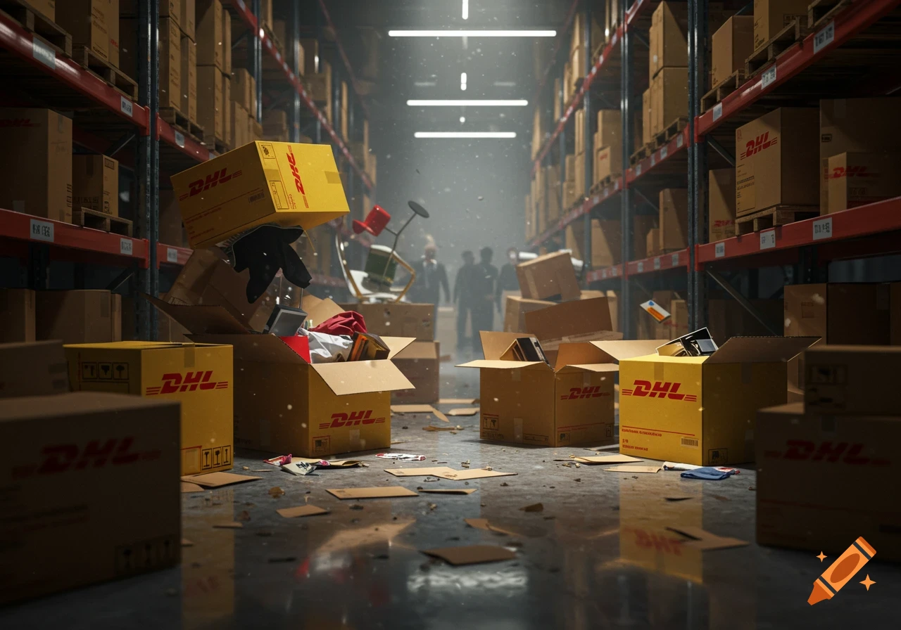 Photorealistic image of a messy warehouse aisle with many fallen and open DHL boxes, debris, and dust in the air.