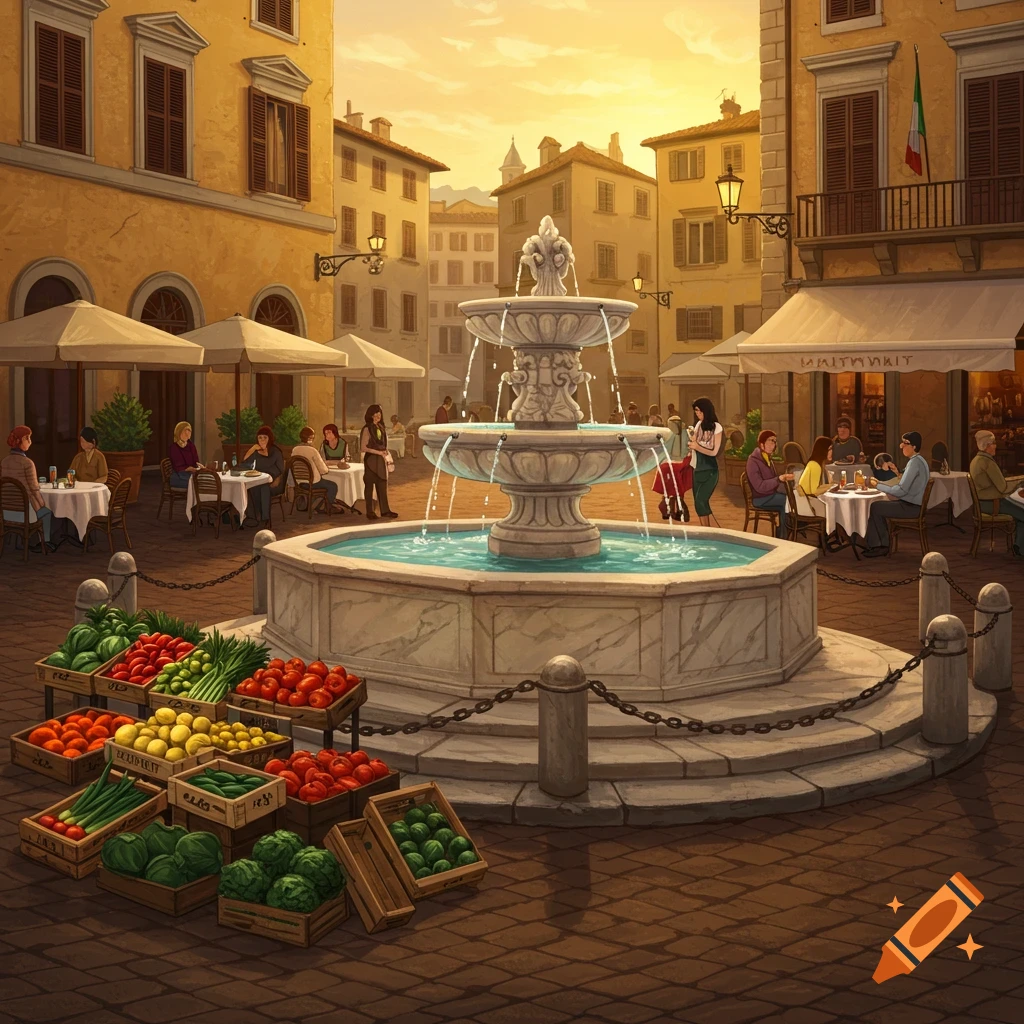A vibrant Italian piazza with a tiered fountain, cafes, and market stalls selling fresh produce at sunset, in an illustrative style.