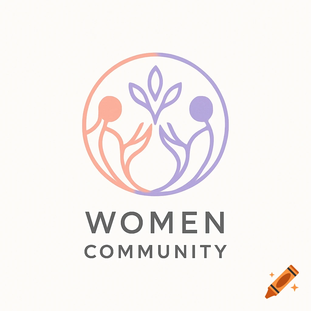 Minimalist logo with two stylized figures in peach and purple holding a plant inside a circle, with 'WOMEN COMMUNITY' text below.
