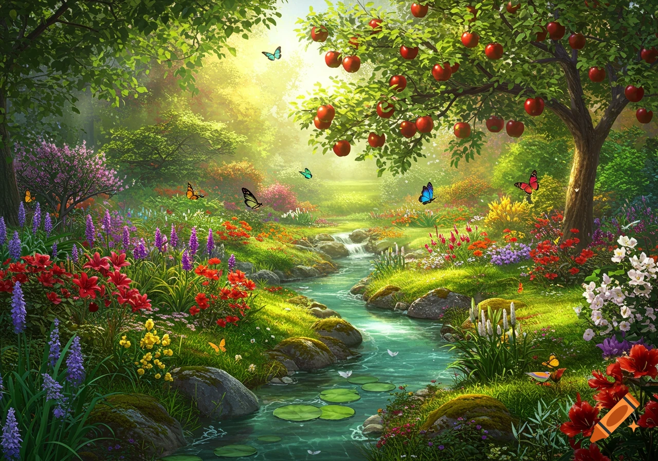 Vibrant Garden of Eden scene with a stream, colorful flowers, an apple tree, and butterflies under a sunlit sky.