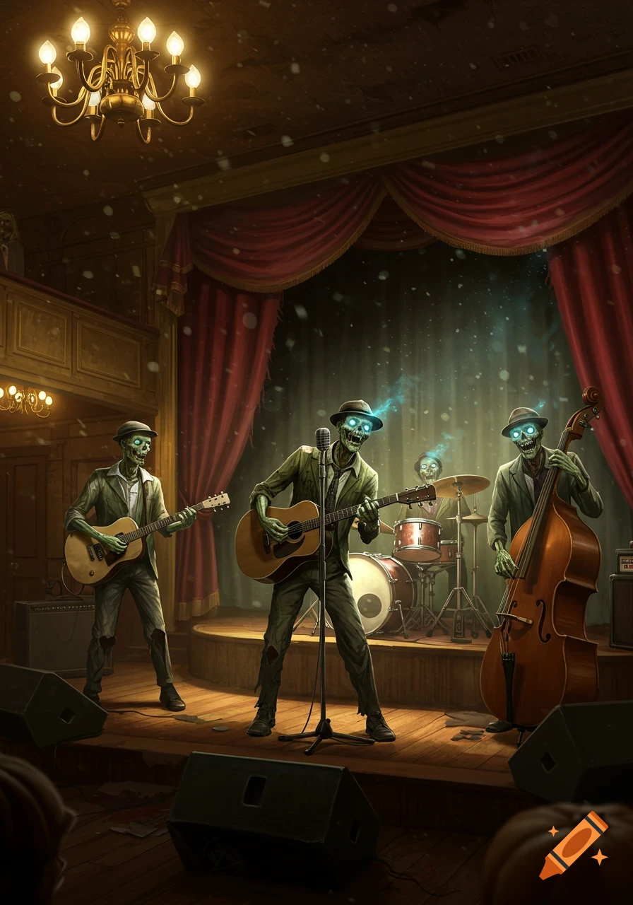 A band of green-skinned skeletons with glowing eyes plays instruments on a dimly lit stage with red curtains and a chandelier.