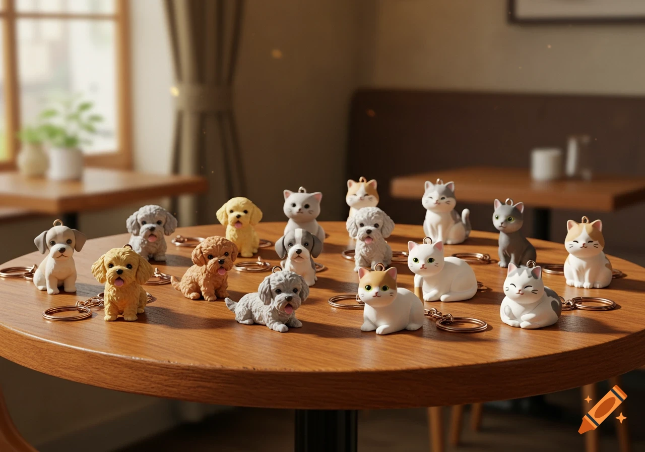 A collection of cute dog and cat figurine keychains neatly arranged on a polished wooden table in a well-lit room.