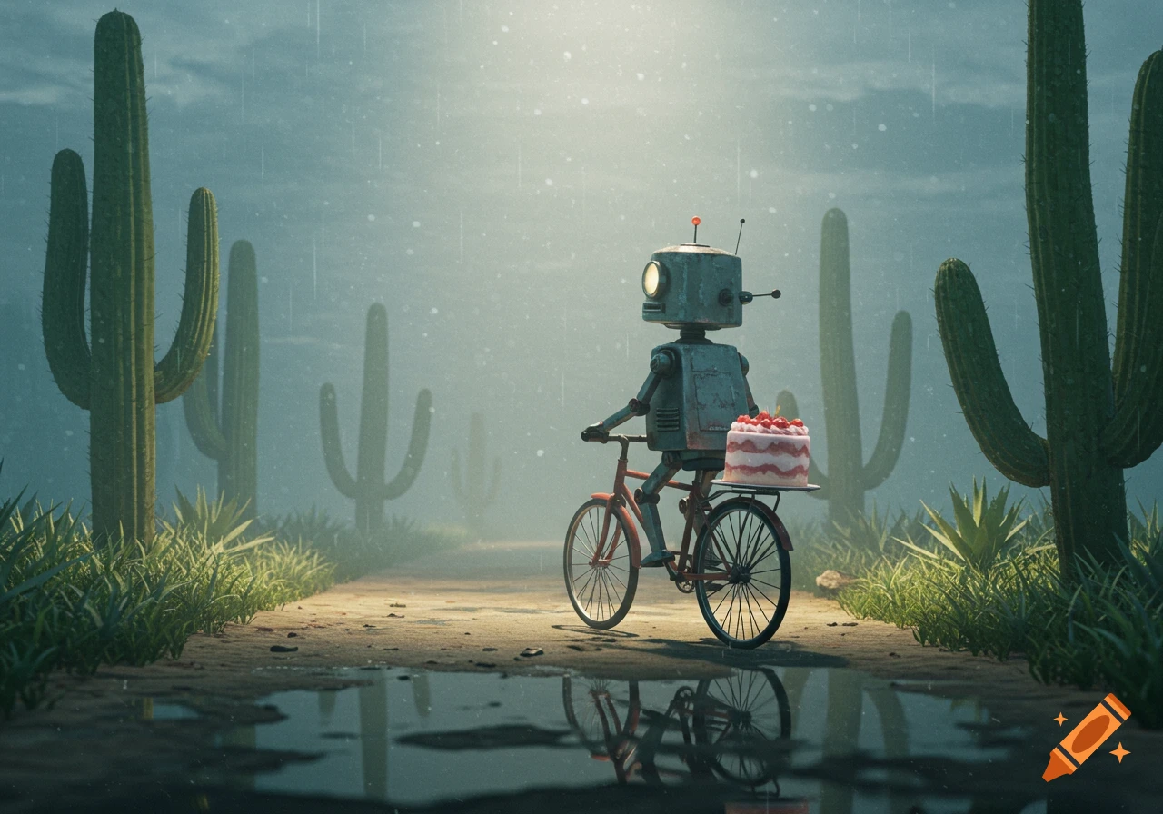A rusty robot rides a red bicycle with a cake on its back rack, cycling down a wet dirt path through a desert with tall cacti, misty rain falls.