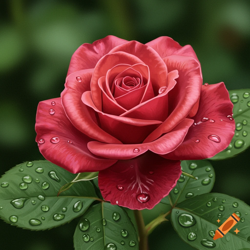 Close-up of a vibrant red rose with dew drops on its petals and green leaves, set against a blurred green background.