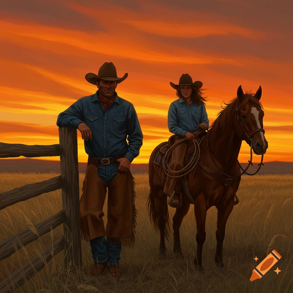 A cowboy leans on a wooden fence next to a cowgirl on horseback in a grassy field during a vibrant orange and yellow sunset.