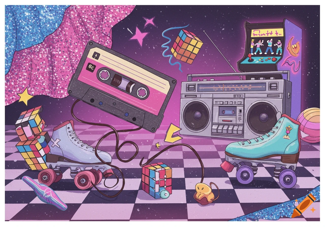 Vibrant 80s nostalgia illustration with a boombox, roller skates, cassette tape, Rubik's cubes, and an arcade game on a checkered floor.