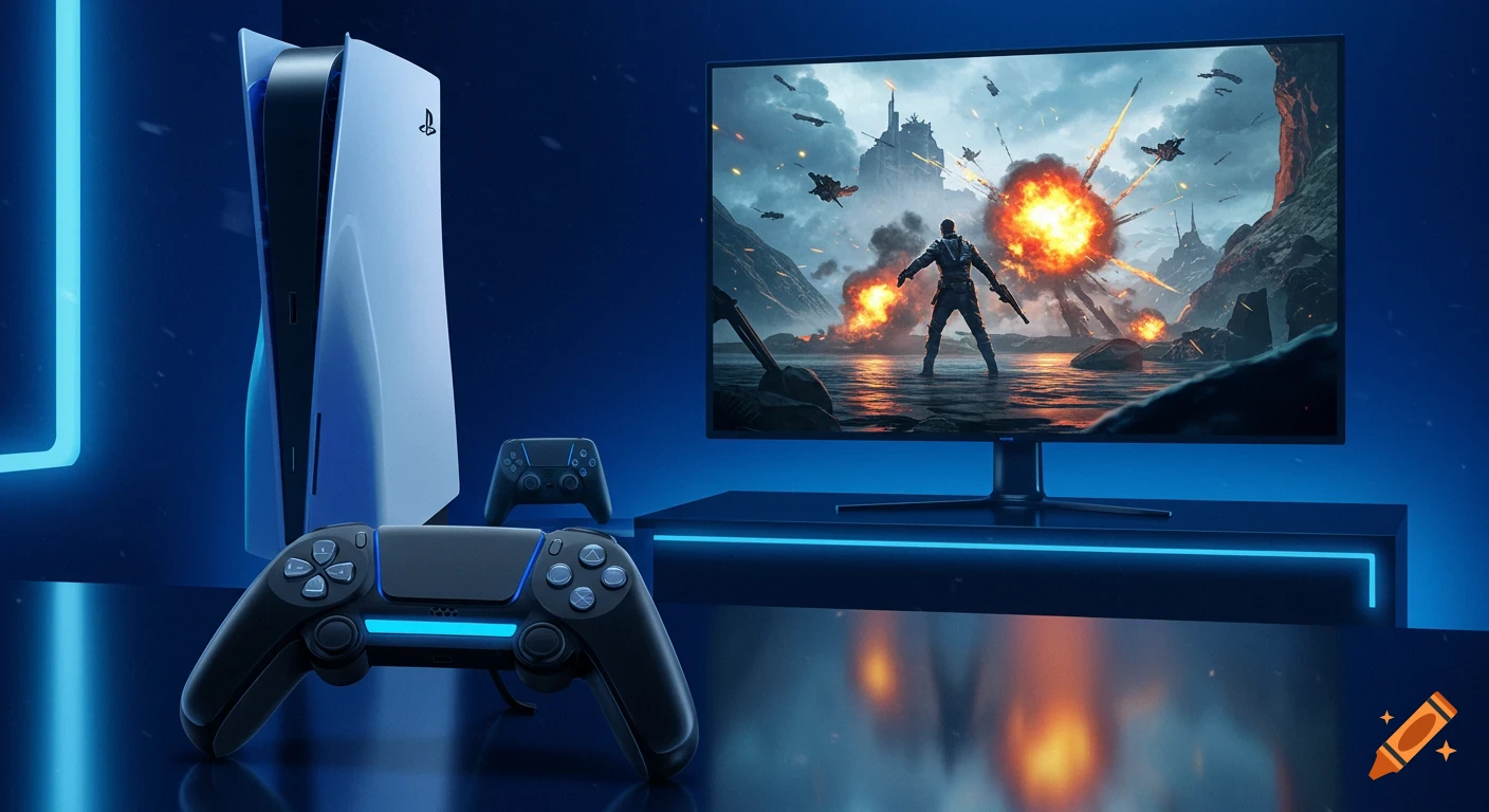 A PlayStation 5 console and controllers with blue neon lights next to a TV showing an action-packed video game.