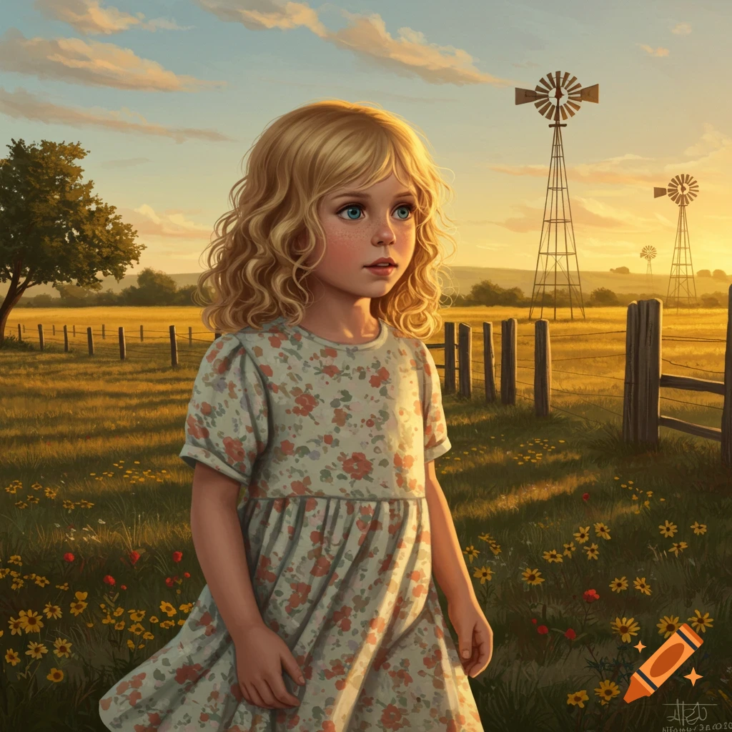 A blonde girl with curly hair and blue eyes stands in a sundrenched field with windmills in the distance at sunset, in a painted style.