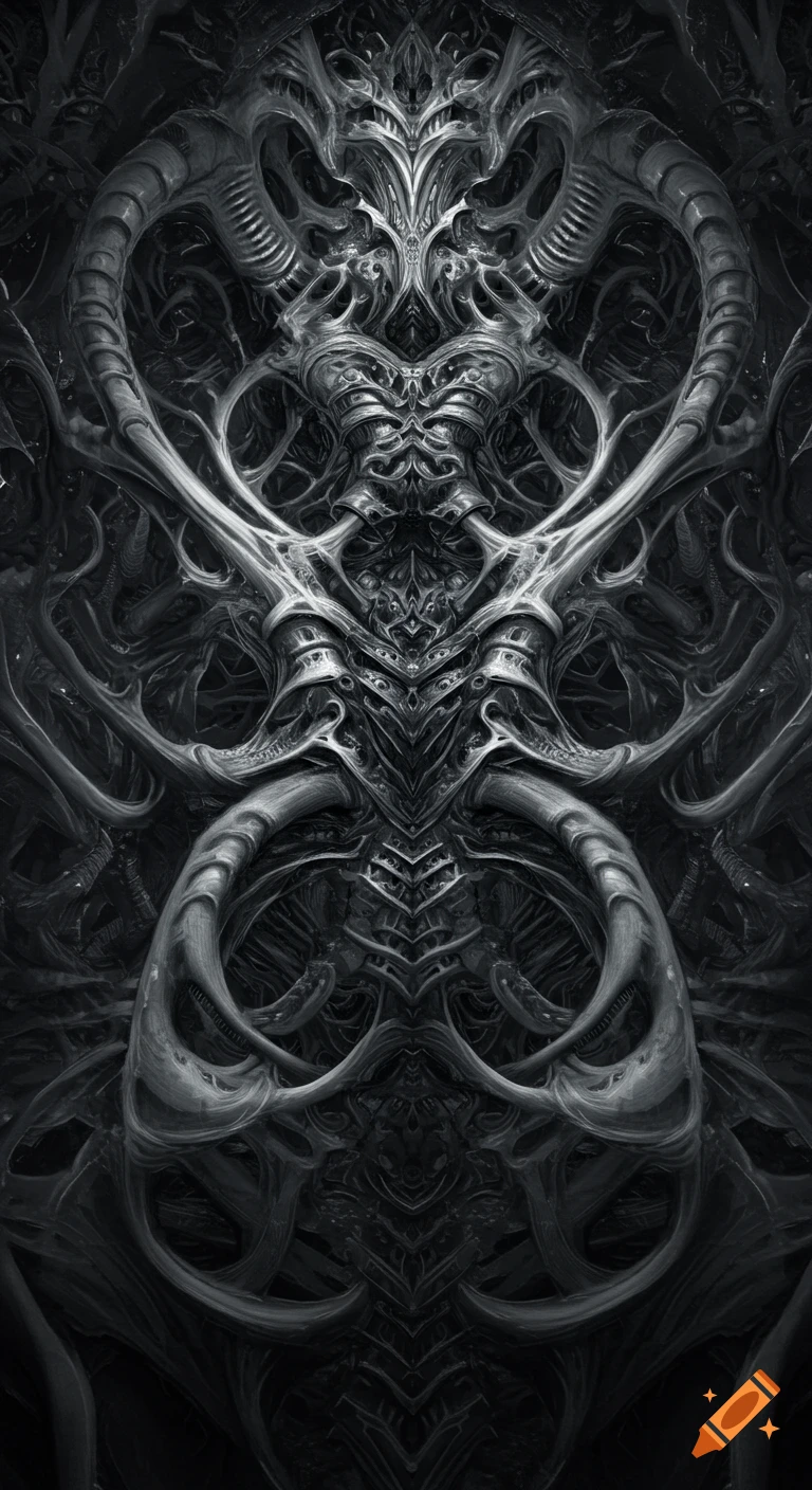 An intricate, monochromatic H.R. Giger-style biomechanical abstract design, resembling alien skeletal and machine structures.