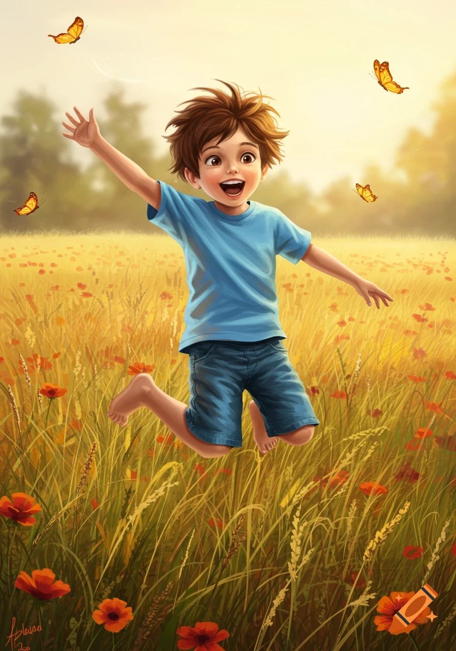 An illustration of a happy boy jumping in a golden field with red poppies and butterflies.