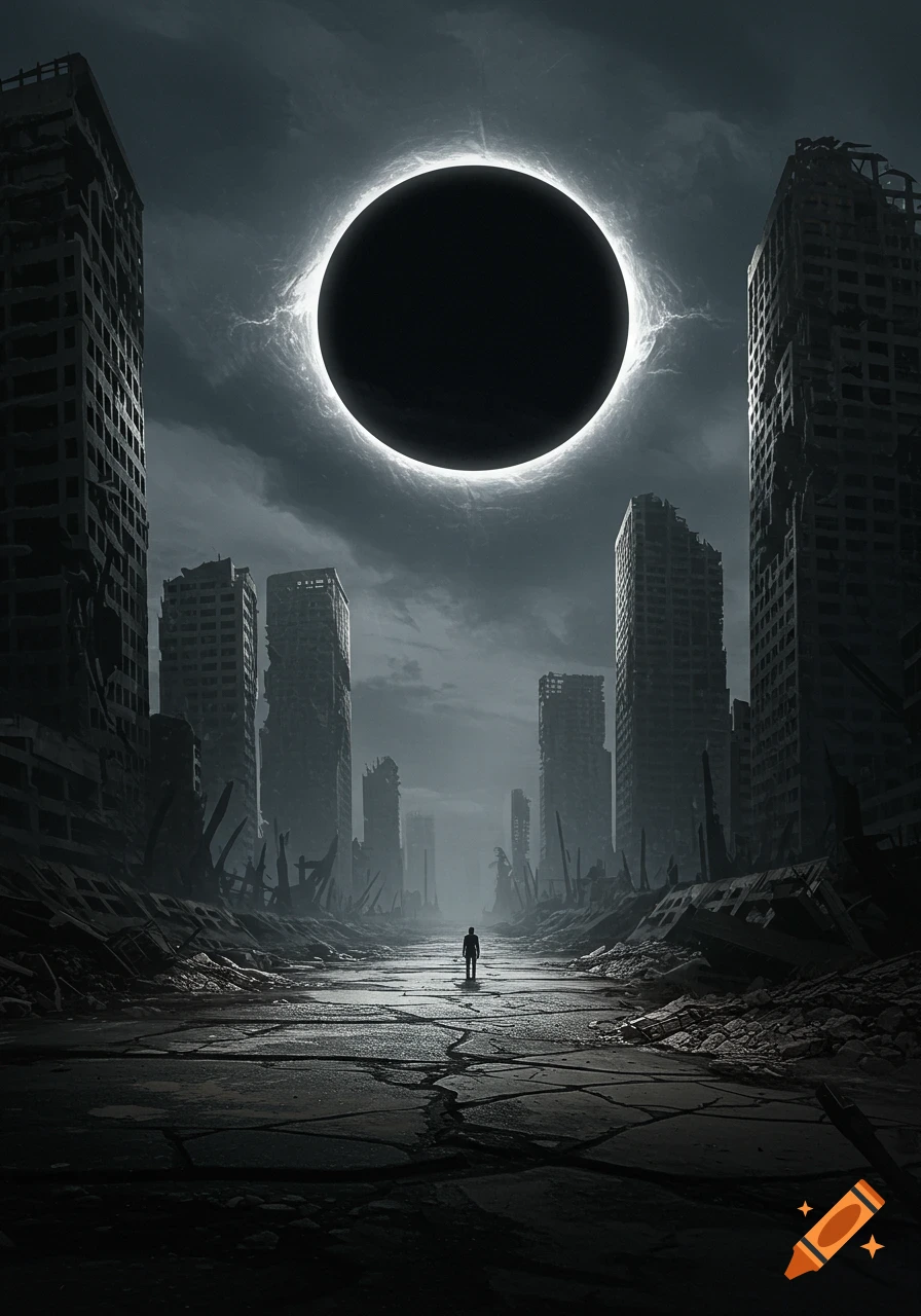 A lone figure walks through a dark, ruined city street under a dramatic black eclipse with a bright white glow, in a dystopian style.