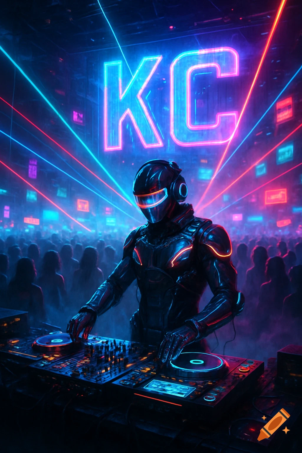 A cyberpunk DJ in a glowing suit plays music at a vibrant, neon-lit club under a large 'KC' sign, with a crowd in the background.