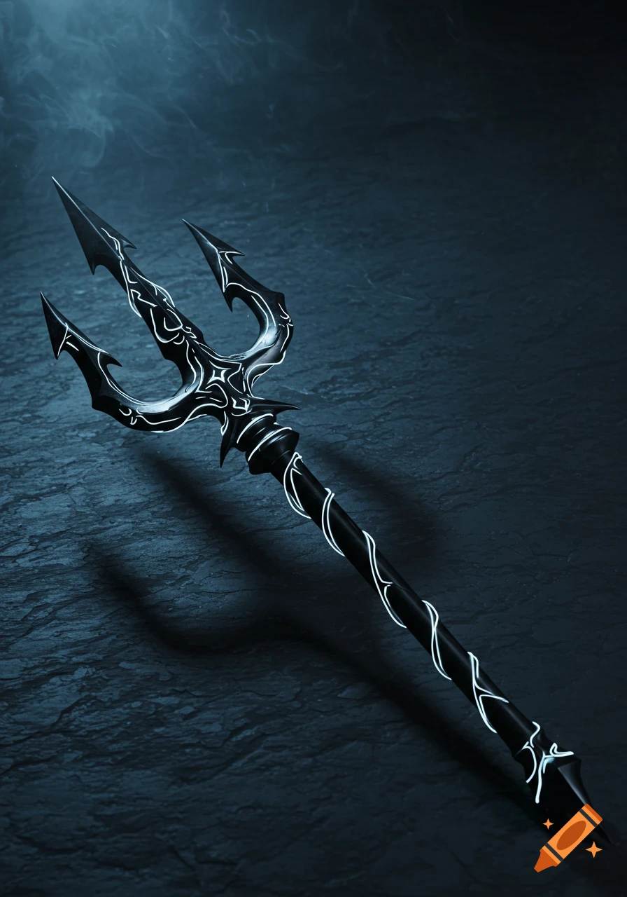 A sleek midnight black trident with stark white glowing inlays, resting on a dark, textured surface.