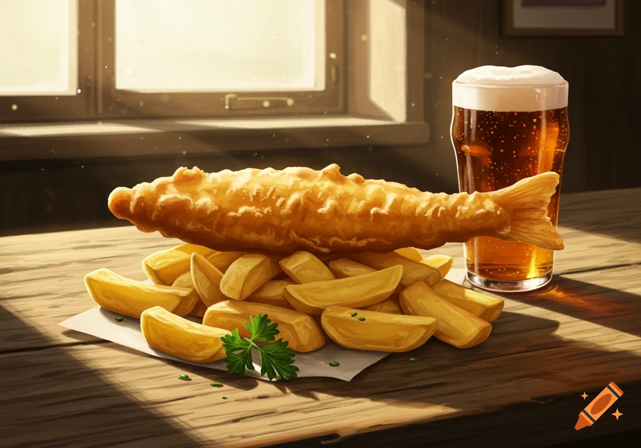 A plate of golden battered fish and chips with a pint of beer on a wooden table in a sunlit pub.