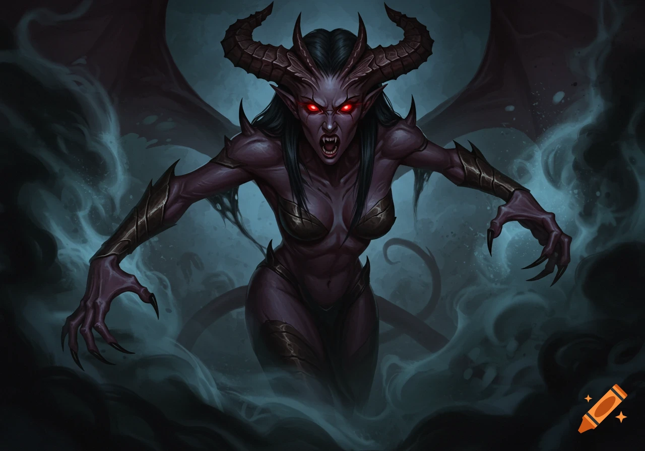 A menacing, dark-skinned demoness with horns, wings, glowing red eyes, fangs, and long claws emerges from dark vapors in a detailed fantasy art style.