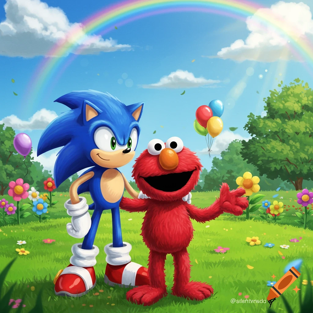 Sonic the Hedgehog and Elmo stand together in a vibrant grassy field under a rainbow, surrounded by flowers and balloons, in a cheerful cartoon style.