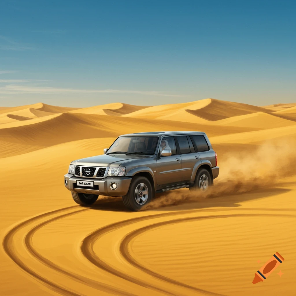 A silver Nissan Patrol SUV drives through a vast, sunlit desert, kicking up dust and leaving tire tracks in the golden sand dunes.
