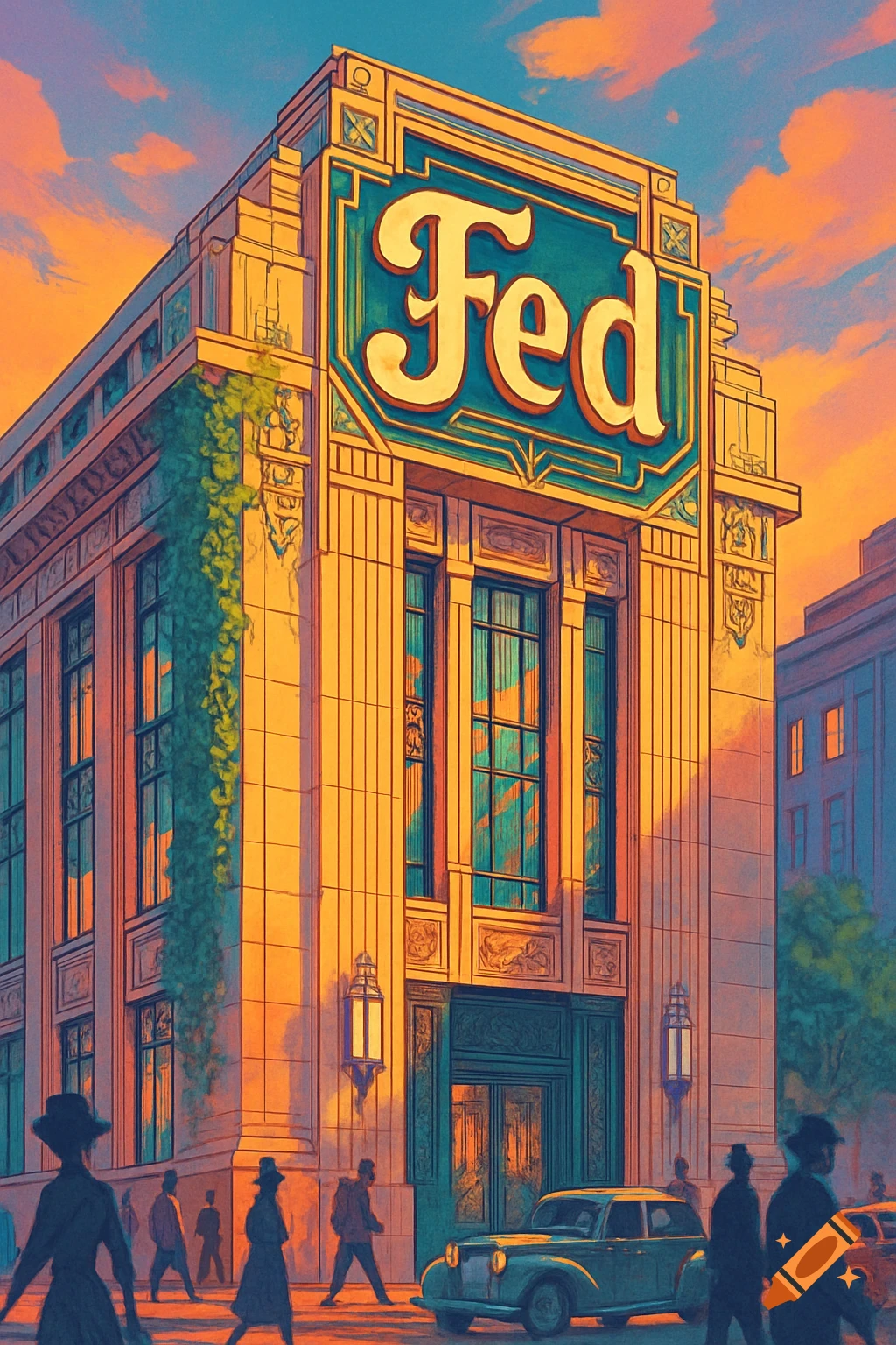 An illustrative image of a large Art Deco-style building with a prominent "Fed" sign, a vintage car, and people walking on a city street at sunset.