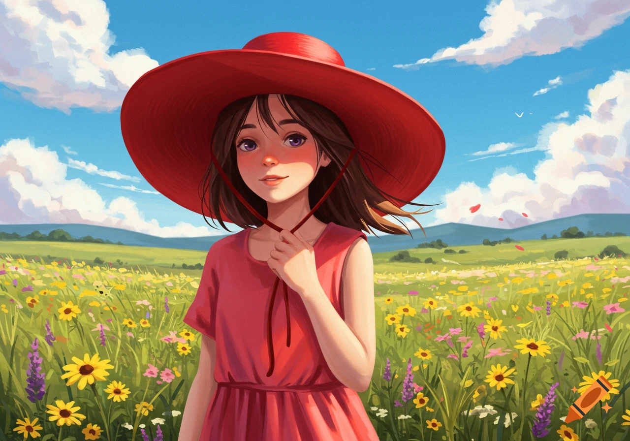 A stylized anime girl in a red hat stands smiling in a vibrant field of yellow and purple wildflowers under a blue sky.