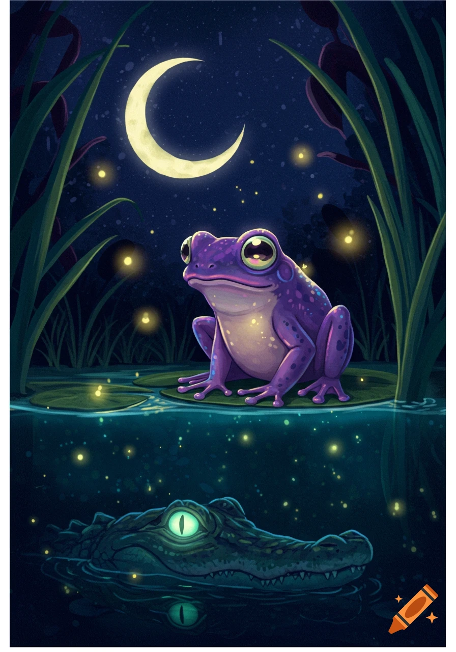 A vibrant purple frog on a lily pad under a crescent moon gazes at a lurking alligator with glowing eyes underwater, in a stylized fantasy pond scene.